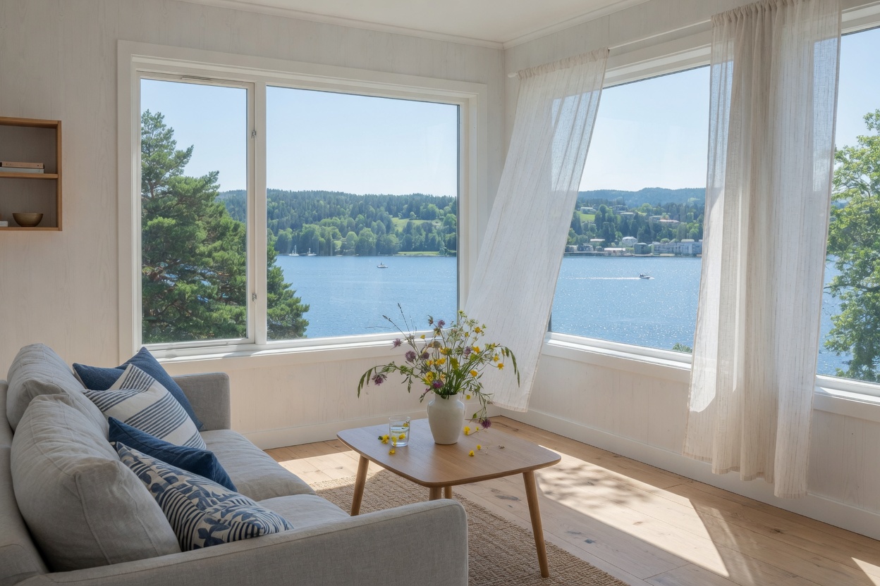 Illustrasjon av leiligheten slik den blir — lys stue med store vinduer mot Oslofjorden (AI-generert skisse, ikke foto)
