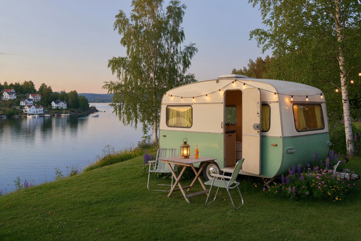 Illustrasjon av Vogna — retro campingvogn i hagen med Oslofjorden nedenfor (AI-generert skisse, ikke foto)